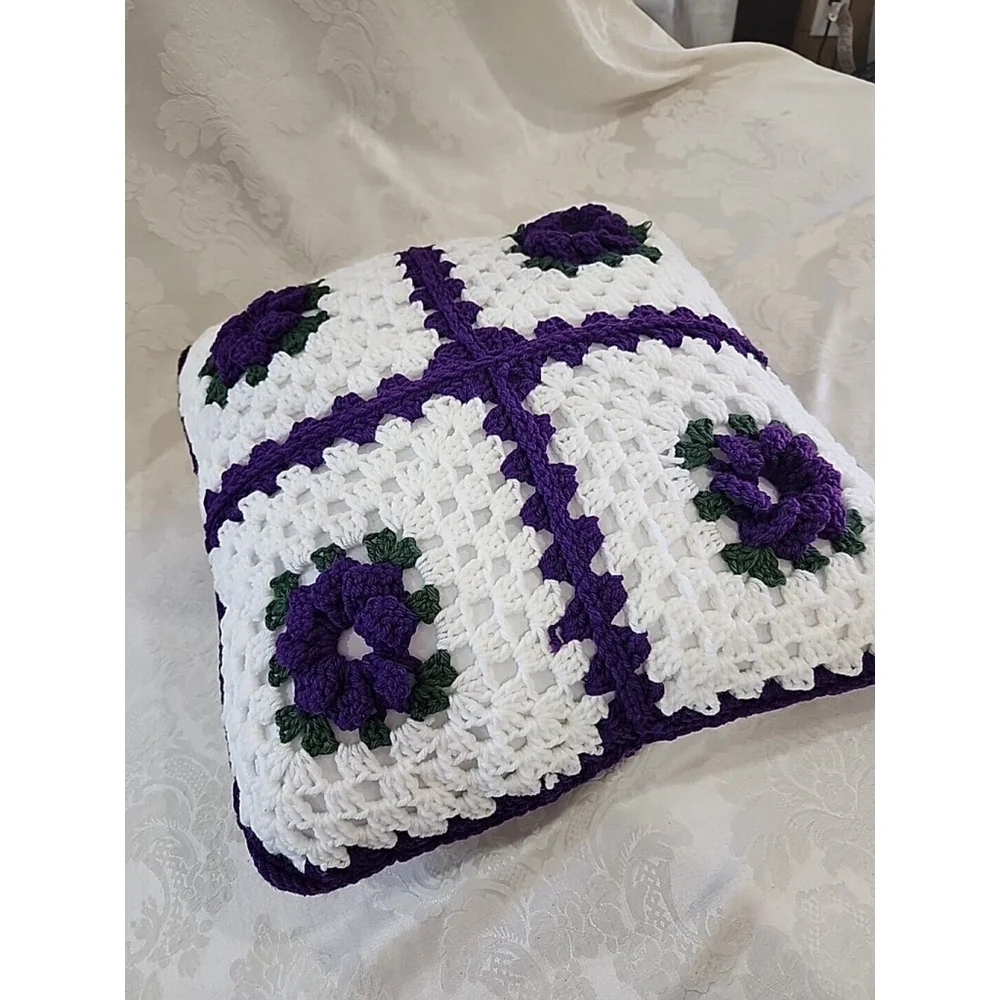 NEW, Hand Crochet Granny Square Throw Pillow Purple White 20